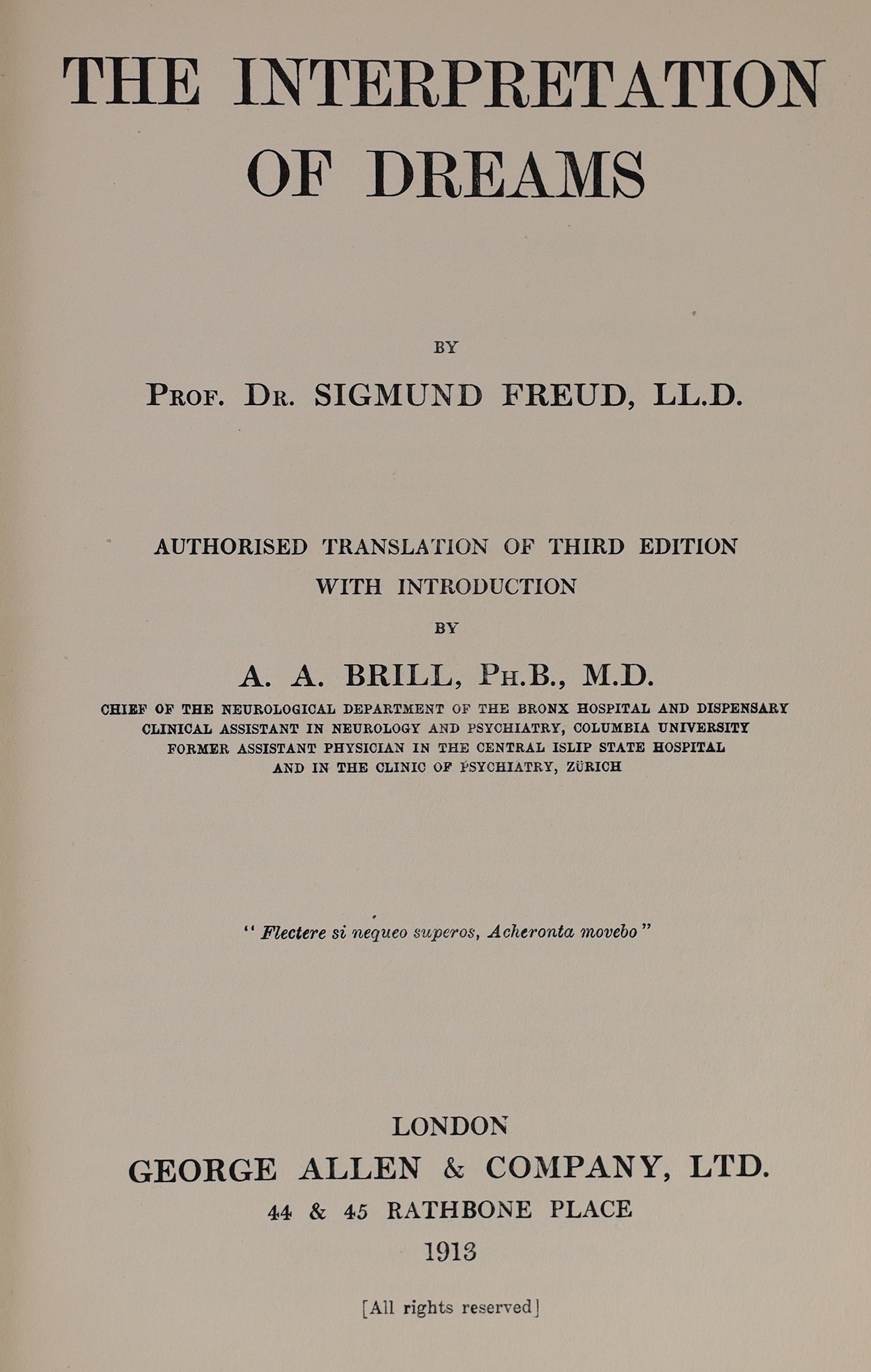 Freud, Sigmund - The Interpretation of Dreams, 1st edition in English, 8vo, original cloth, George Allen, London, 1913